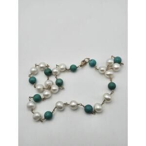 14k yellow gold Wire Necklace – Pearls & Turquoise Beads 21g